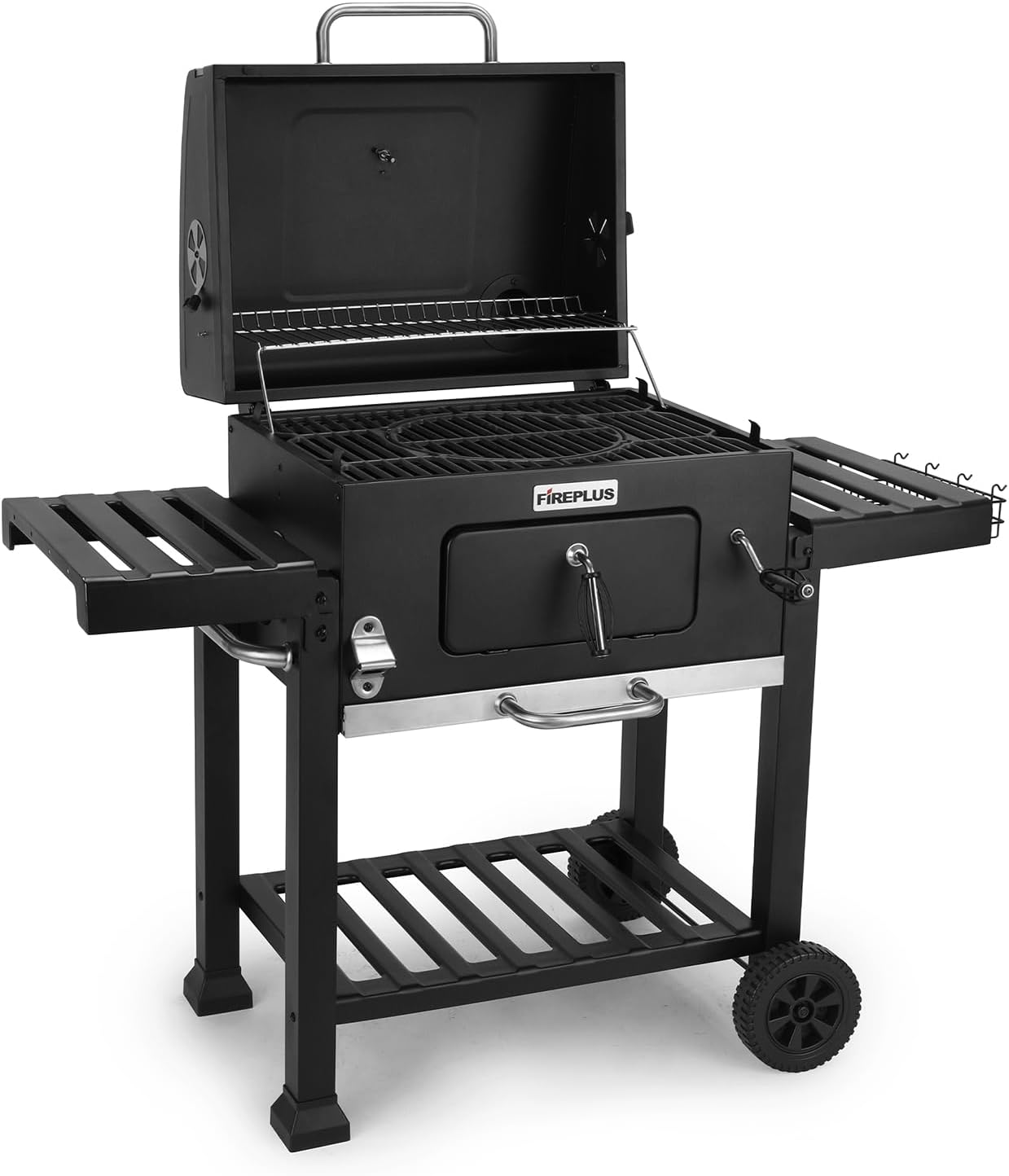 Fireplus Barbecue au Charbon de Bois - Barbecue avec Roues et Plateaux Latéraux - Avec Système de Ventilation, Cendrier et Grille en Acier 57x42cm- Dimensions: 116,5x13,1x56cm Raphael Barbecue