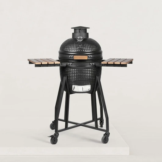 Kamado Forest-Grill M 16" Modèle Medium : facile à déplacer (41 x 59 cm) Inclus : 2 plateaux en bois rabattables Diamètre de la grille : 34 cm