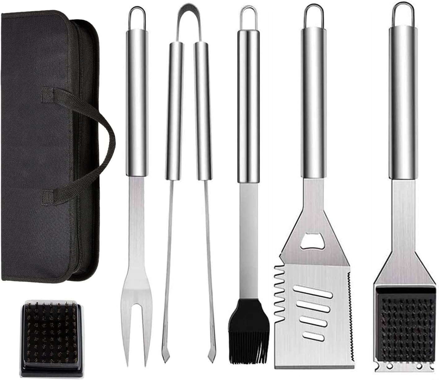 ZWMYF Ensemble Lot de 6 Ustensiles de Barbecue en Acier Inoxydable avec Sac de Transport, Spatule, Pince et Fourchette, Accessoires pour Barbecue, Cuisine, Camping en Plein Air