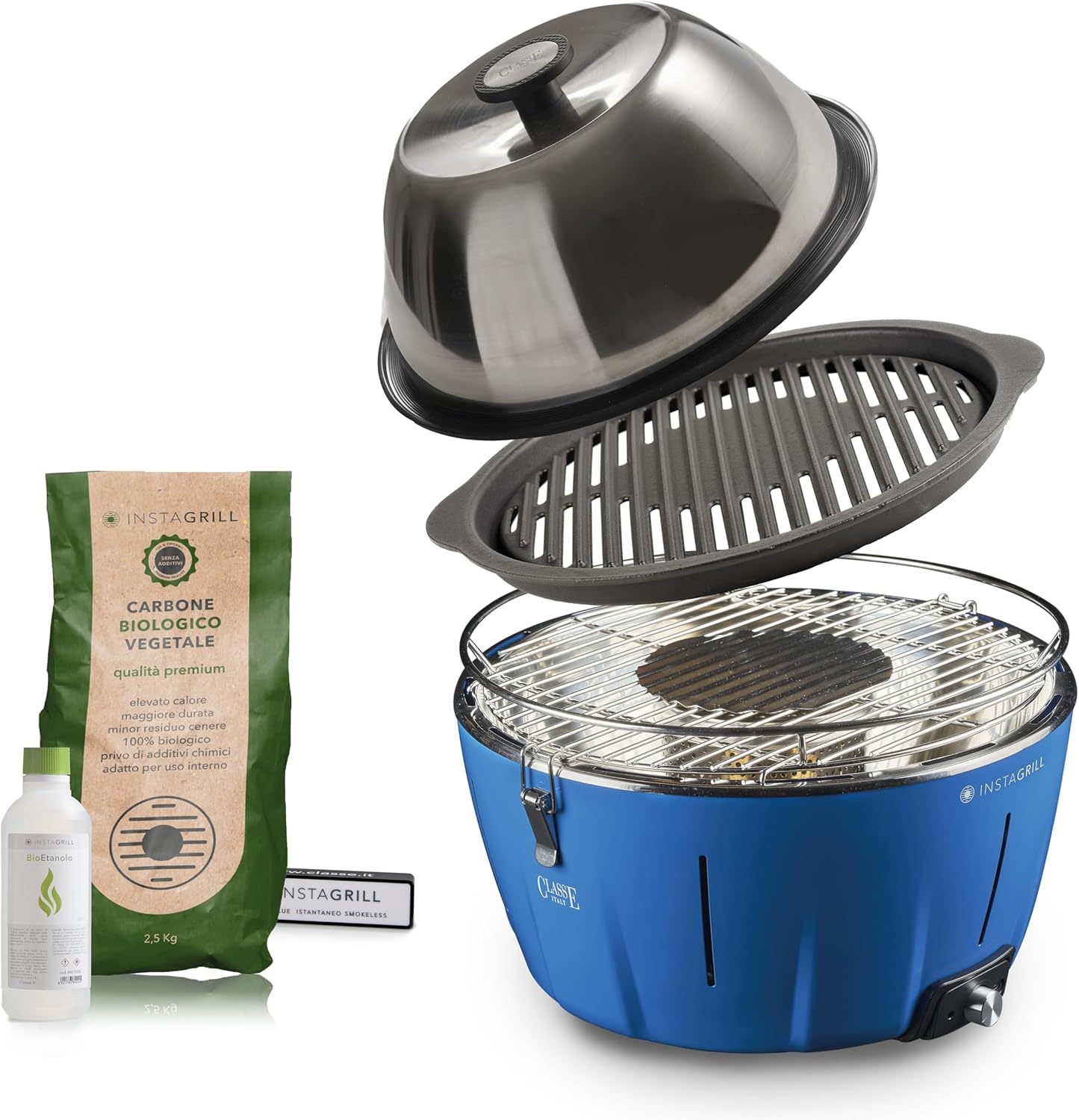 InstaGrill - Barbecue au charbon avec couvercle et grille en fonte - Balcon, portable, avec batterie rechargeable, charbon et gel pour allumage - PRO bleu océan PRO - 4 Accessoires Bleu Océan