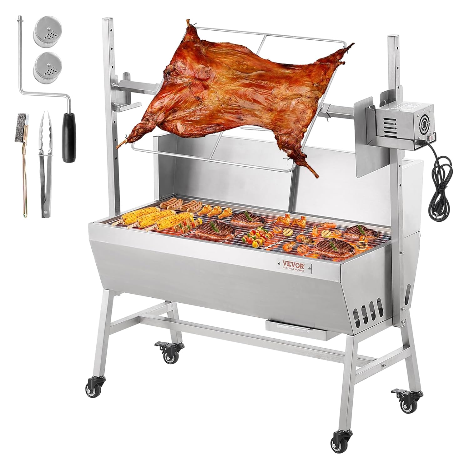 Barbecue à Charbon avec Tournebroche Électrique 42 W Charge 61 kg, Rôtissoire Barbecue 94,4 cm, en Inox, avec Pare-Brise et Roues Verrouillables, pour Rôtir Agneau Porcelet Poulet Camping
