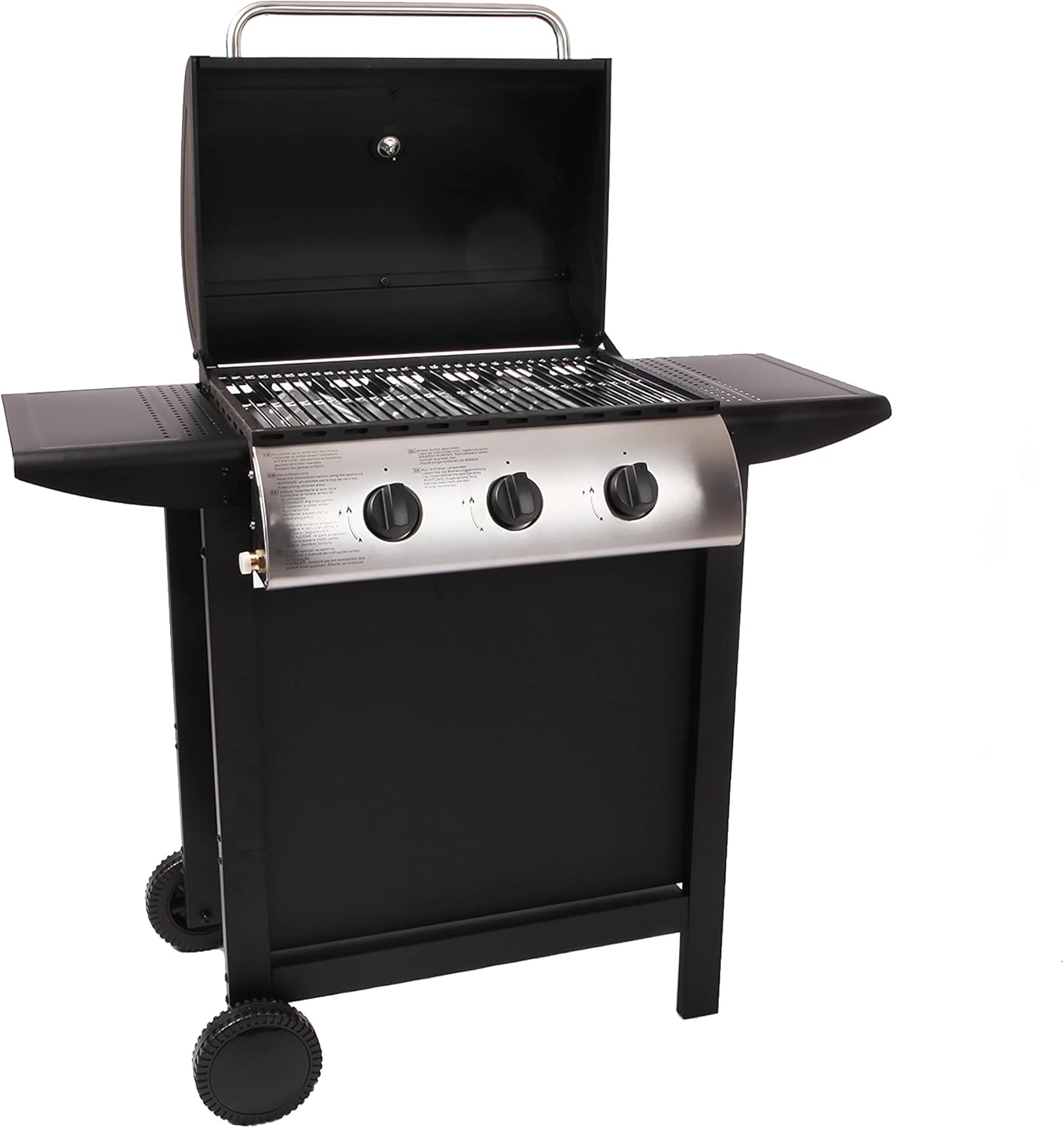 LOFOTEN - Barbecue Gaz 3 brûleurs - Puissance 8,4 kW - 98x51x100cm - Capot de fermeture avec thermomètre - 2 Grilles en acier chromé, 2 Etagères latérales, 1 Plateau bas - 2 Roues - Noir 51x98x100CM