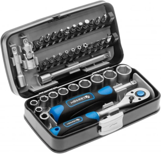 Högert Technik - Boite à Outils, Outils Bricolage, Mallette à Outils, Trousse a Outils, Jeu de Douilles et Équipement 1/4", Mécanisme à Cliquet avec 72 Dents - HT1R462, 38 Pièces