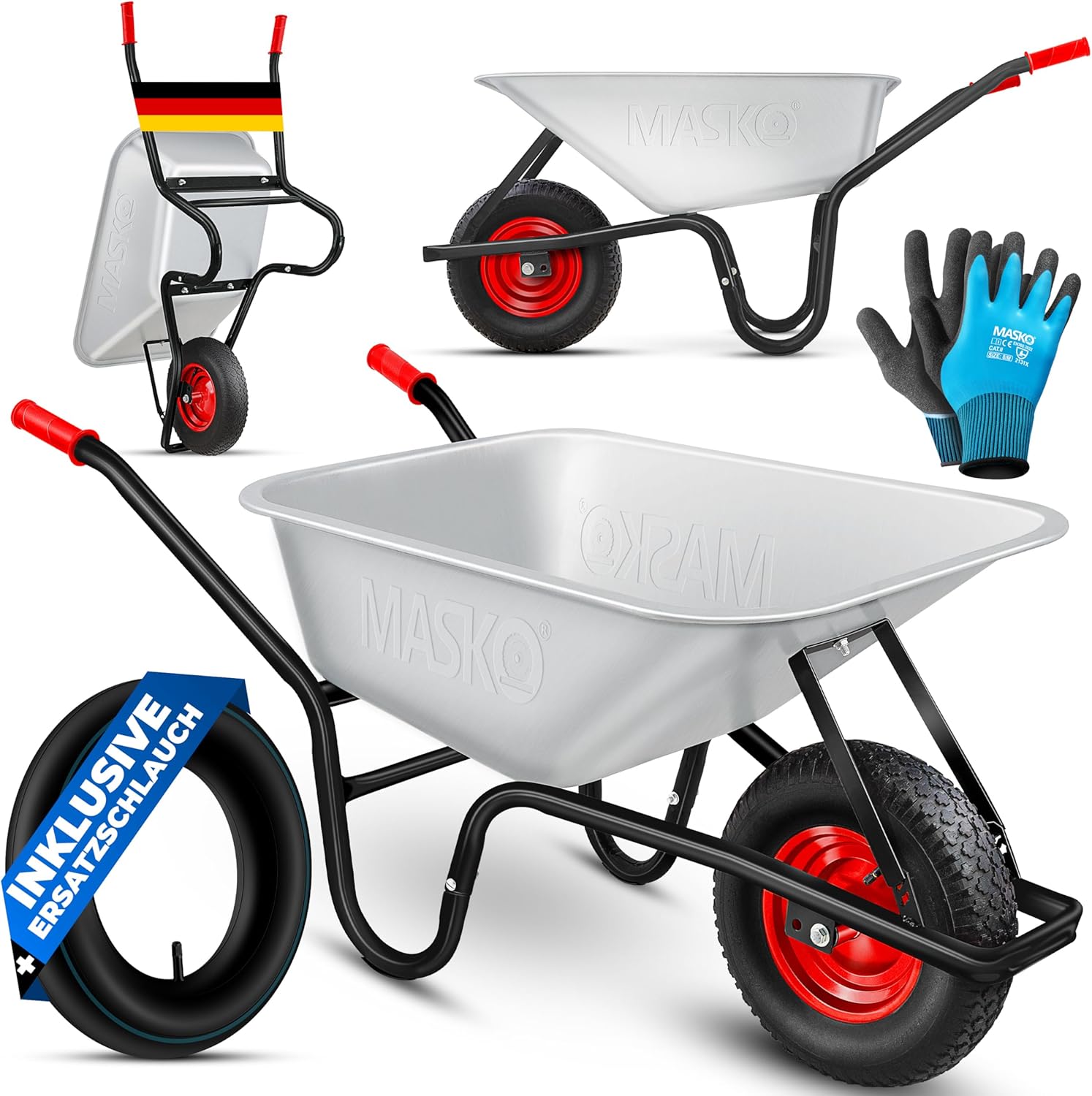MASKO® Brouette de Chantier, brouette de Jardin 100 litres jusqu'à 250kg pneus gonflables avec Jante en Acier galvanisé Cadre Acier brouette de Jardin brouette de Transport, Gants de Travail Inclus Argent