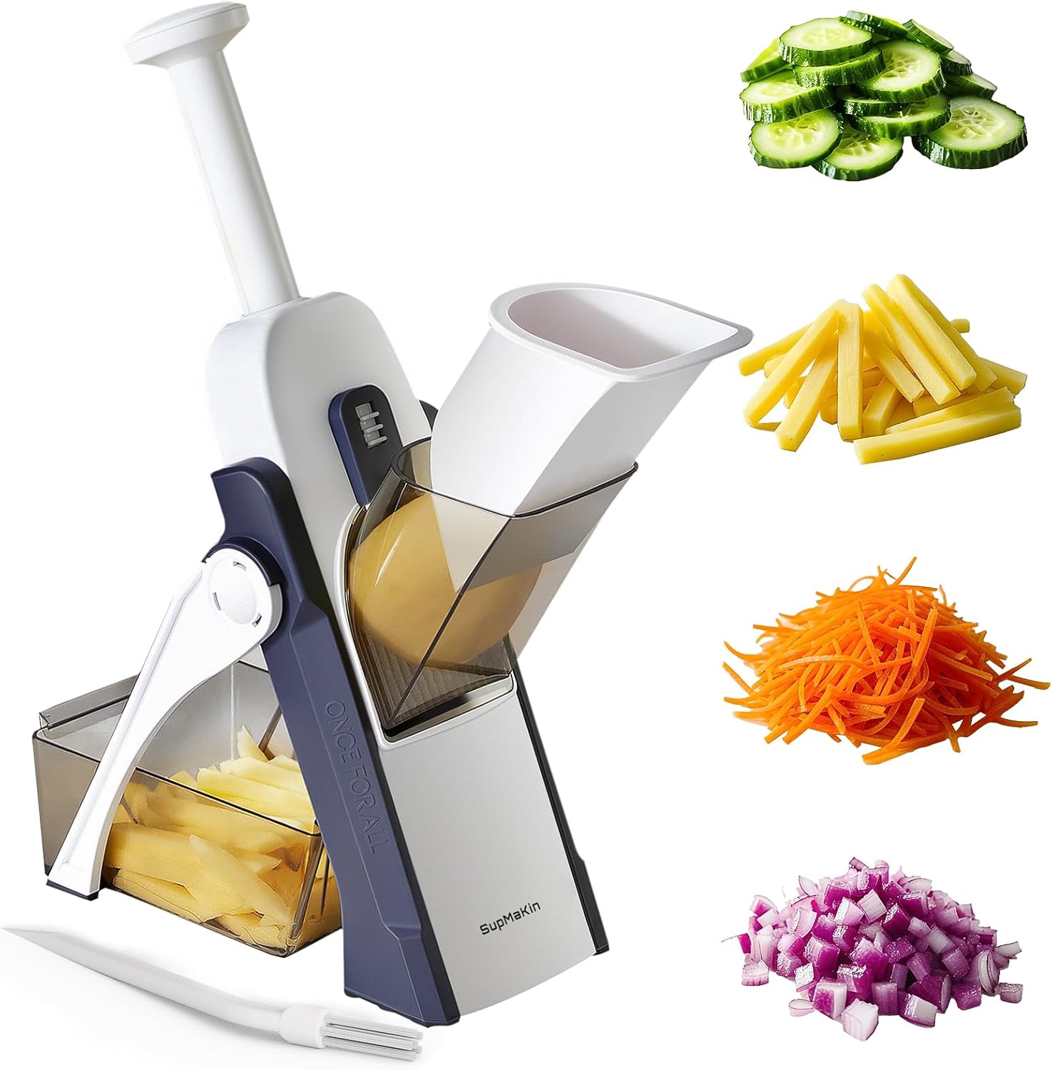 SupMaKin Mandoline de Cuisine Safety Slicer Manuelle Multifonction Tous Coupe Légumes Lame en acier inoxydable, Julienne, Cubes, Fcoupe Patate Frite carotte, Euroshopping - bleu