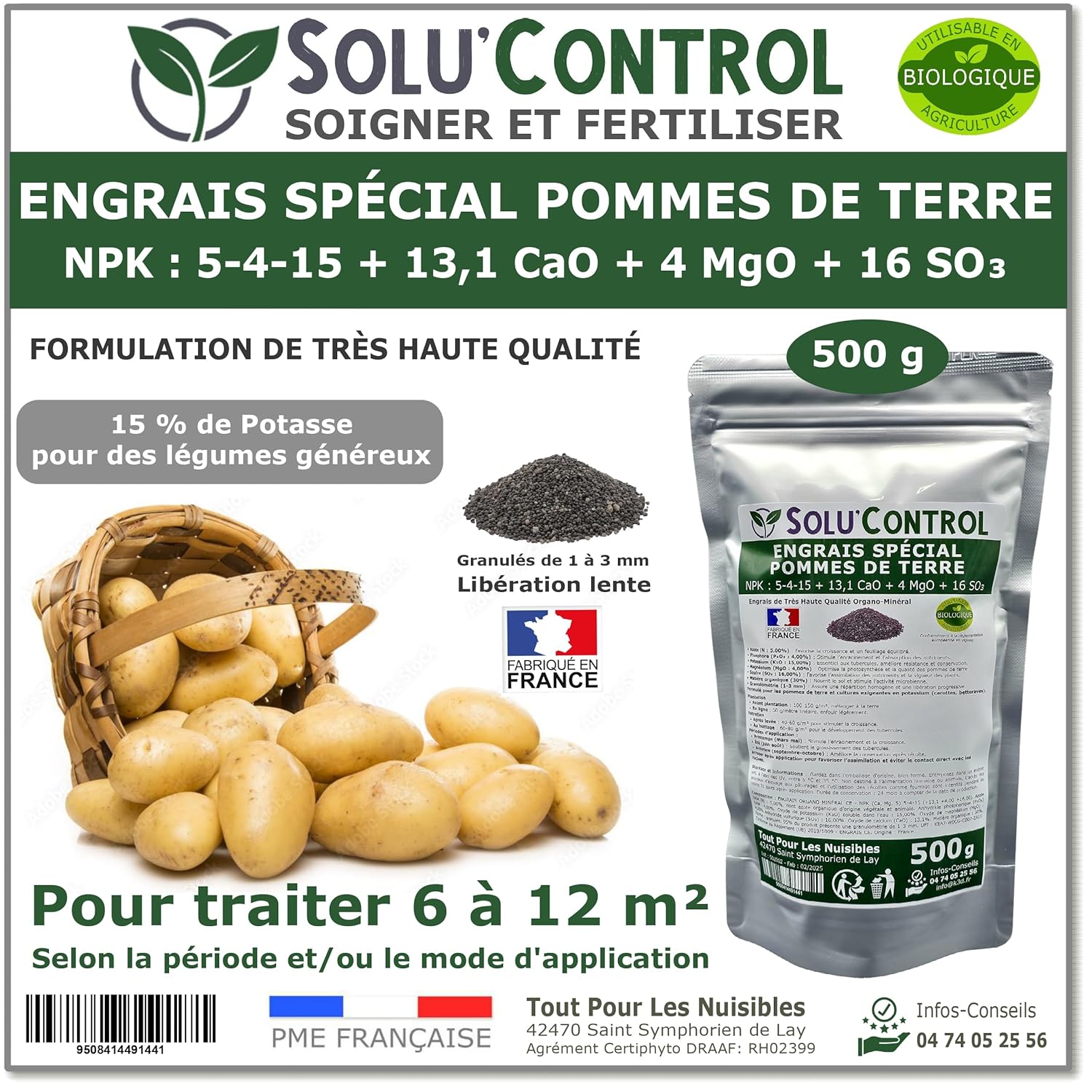 500 g d'Engrais Spécial Pommes de terre et légumes racines 5-4-15 - Enrichi en Potasse - Favorise la croissance, le grossissement et la conservation des tubercules - UAB - Fabriqué en France