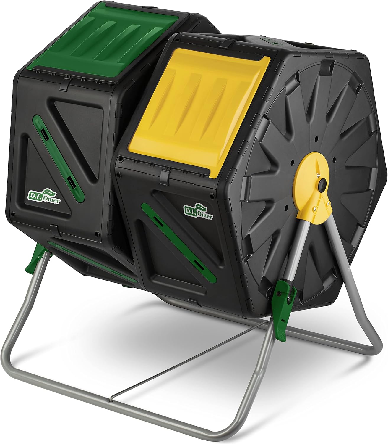 Composteur de Jardin Double Chambre DF OMER - Petit Composteur Rotatif avec système de Rotation Facile, 2 Portes coulissantes, Cadre en Acier Robuste - Toutes Saisons, sans BPA (18.5gal/70L) 70L x 2