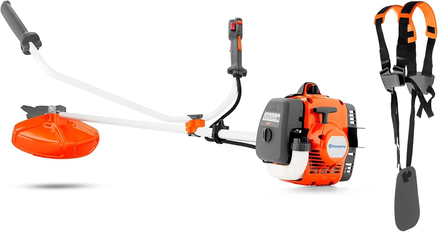 Husqvarna 122R : Débroussailleuse Thermique 21,7cm³, Largeur de Coupe 43cm, tête Tap’n Go, Smart Start®, livrée avec Harnais.