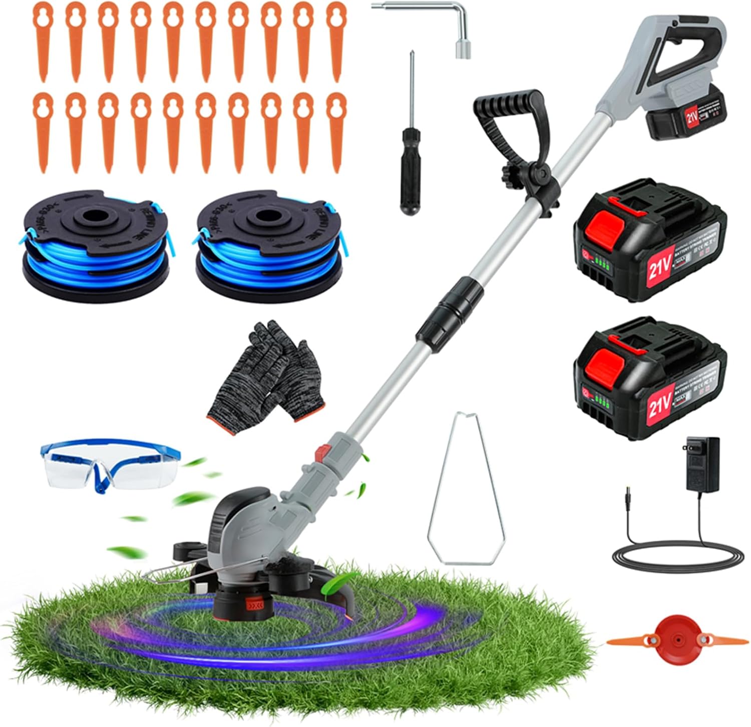 Débroussailleuse Electrique sans Fil,Nouvelle Mise À Niveau Coupe Bordure Débroussailleuse À Batterie Électrique sans Fil, Support Auxiliaire, Roues Latérales,pour Pelouse, Coupe D'arbres (Gris)