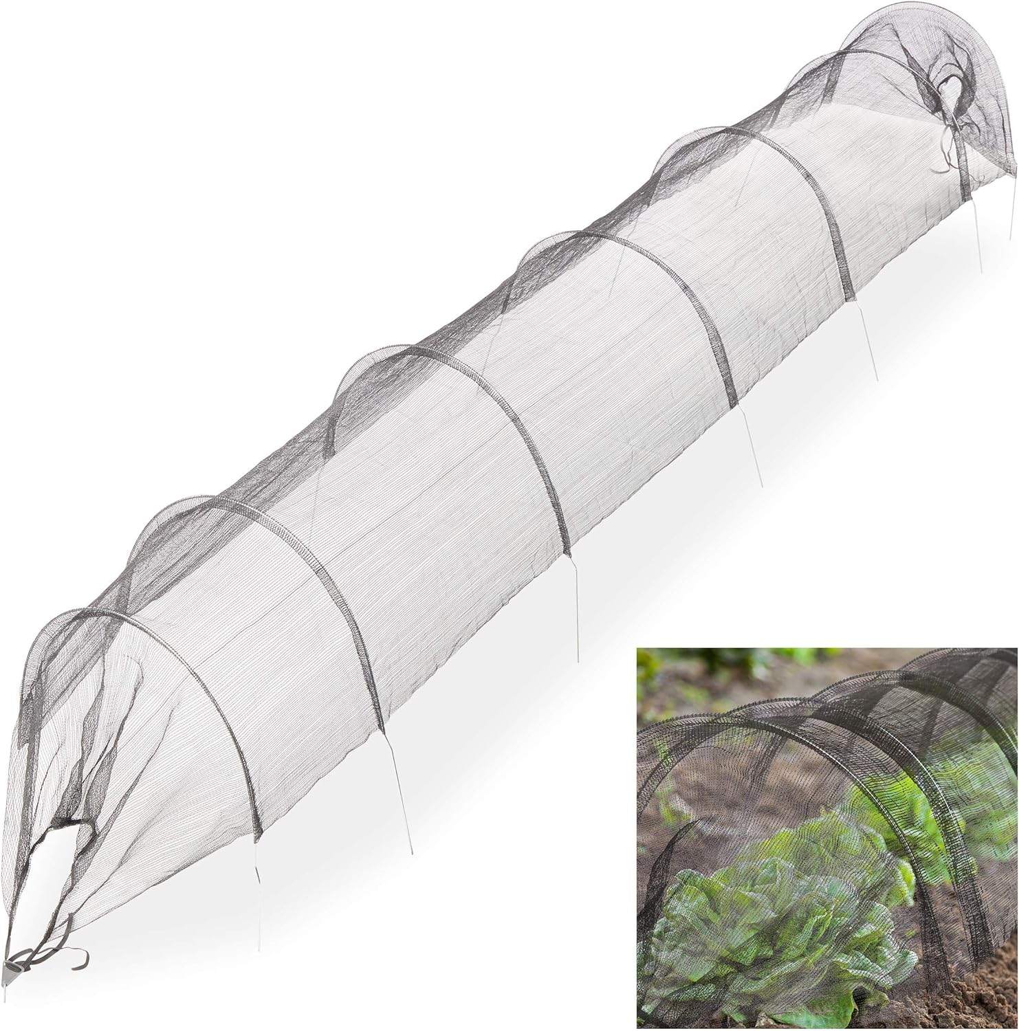 Tunnel de Jardin avec Filet, arceaux, Sardines, Longueur 3,3 m, protège des parasites, Fines Mailles, Noir Simple