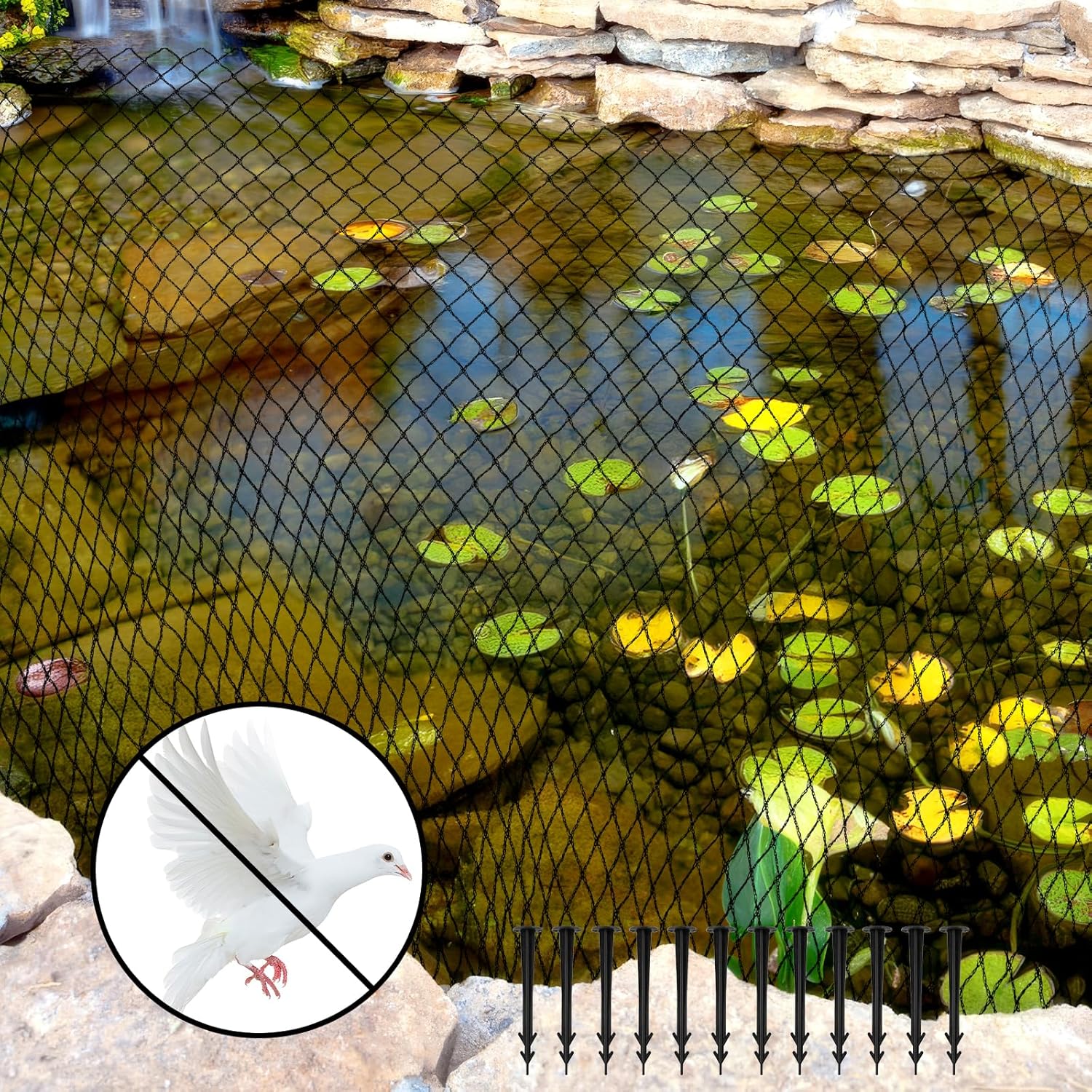 Filet de protection pour étang, à mailles fines, anti-oiseaux, avec 12 ancrages au sol, filet pour arbres fruitiers, filet de protection contre les UV, noir, pour bassin, arbres fruitiers, légumes (2 2x5m