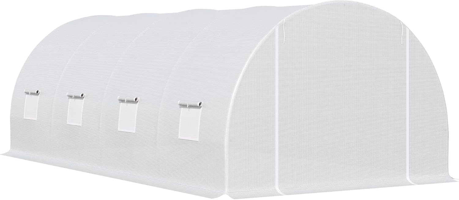 Serre de Jardin Tunnel Surface Sol 18 m² 6L x 3l x 2H m 8 fenêtres châssis Tubulaire renforcé 24 mm Blanc
