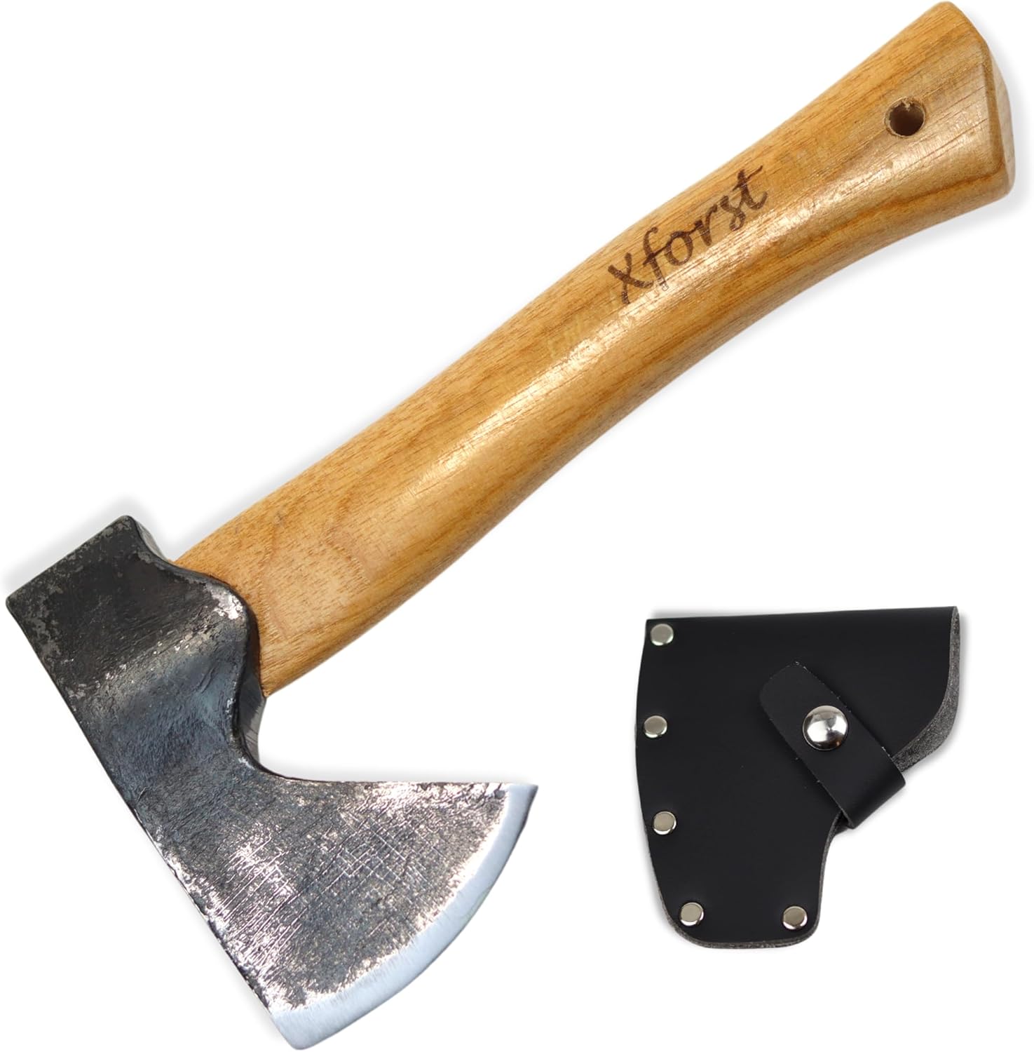 Xforst Hache Viking X-AG1Black – Hachette de Trekking et Outdoor avec Manche en Bois de Hickory & Étui de Protection en Cuir Véritable – 27 cm – 0,67 kg
