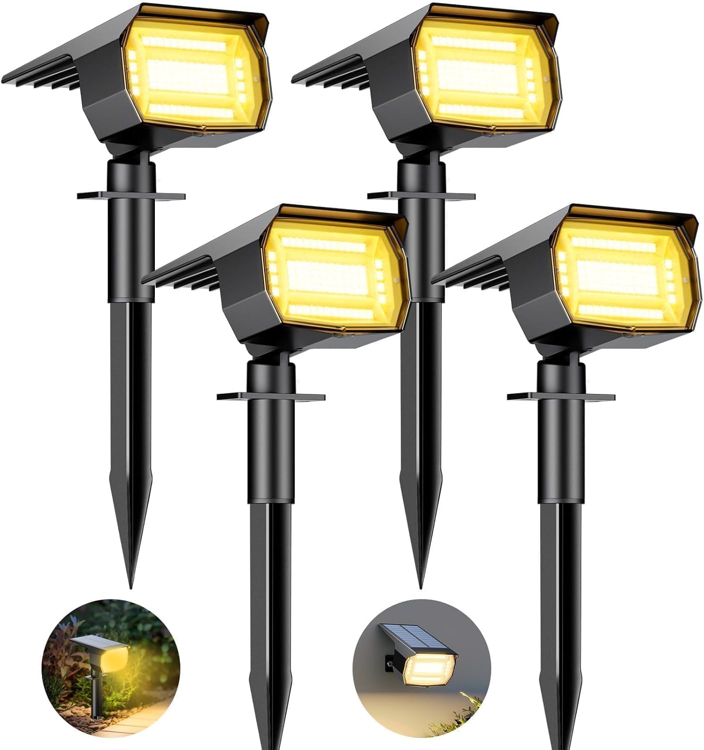 Lot de 4 Spot Solaire Exterieur, 72 LED Lampe Solaire Etanche IP65, Lumiere Solaire avec 3 Modes d'Éclairage, Réglable 120° Projecteur Solaire Extérieur pour Jardin Allée Chemin Blanc Chaud Blanc Chaud Lot de 4