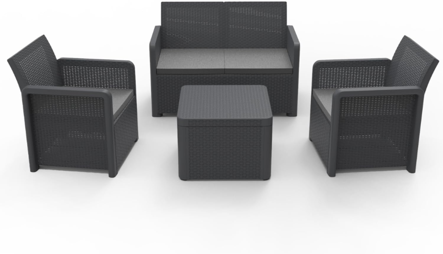 CONCEPT USINE - Salon de Jardin Nassau 4 Places Gris Foncé - 1 Canapé + 2 Fauteuils + Table Basse - Résine Polypropylène - Coussins Amovibles + Rangement Intégré - Design Moderne Intérieur/Extérieur