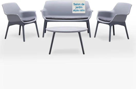 Salon de jardin extérieur de style rotin - Ensemble de salon d'extérieur en polypropylène imperméable et hydrofuge - Salon de jardin blanc et gris