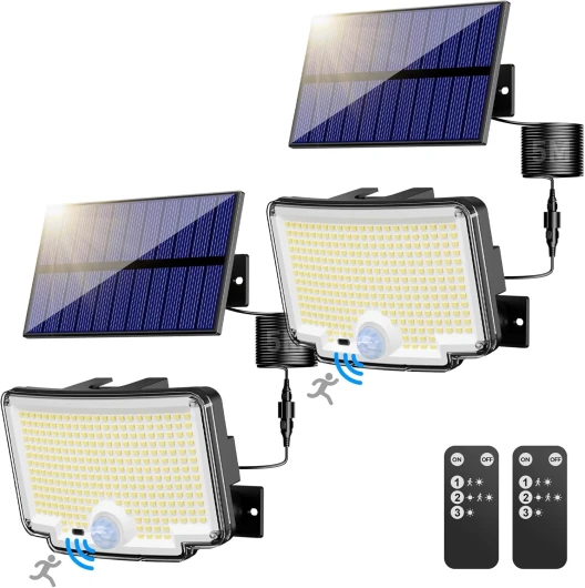 Lampe Solaire Extérieur Detecteur de Mouvement【310 LED/3Mode/Angle d'éclairage 270 °】, Lumiere Solaire Extérieure avec Télécommande, Étanche Eclairage Exterieur Solaire avec Câble de 5M 2 pièce Blanc Froid 2 pièce