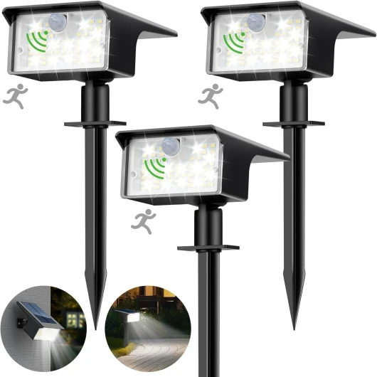 Lot de 3 Lampe Solaire Exterieur Detecteur de Mouvement, 62 LED Spot Solaire Exterieur 3 Modes Eclairage Exterieur Solaire, Etanche IP65 Lumiere Solaire pour Jardin Allée Chemin Blanc Froid Blanc Froid Lot de 3
