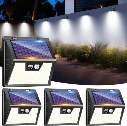Lot de 4 Lampe Solaire Exterieur Detecteur de Mouvement, 176 LED Lumiere Extérieur IP65 Étanche Spot Solaire 3 Modes Eclairage Exterieure, Projecteur Extérieure pour Jardin Garage, Blanc Froid Blanc Froid Lot de 4
