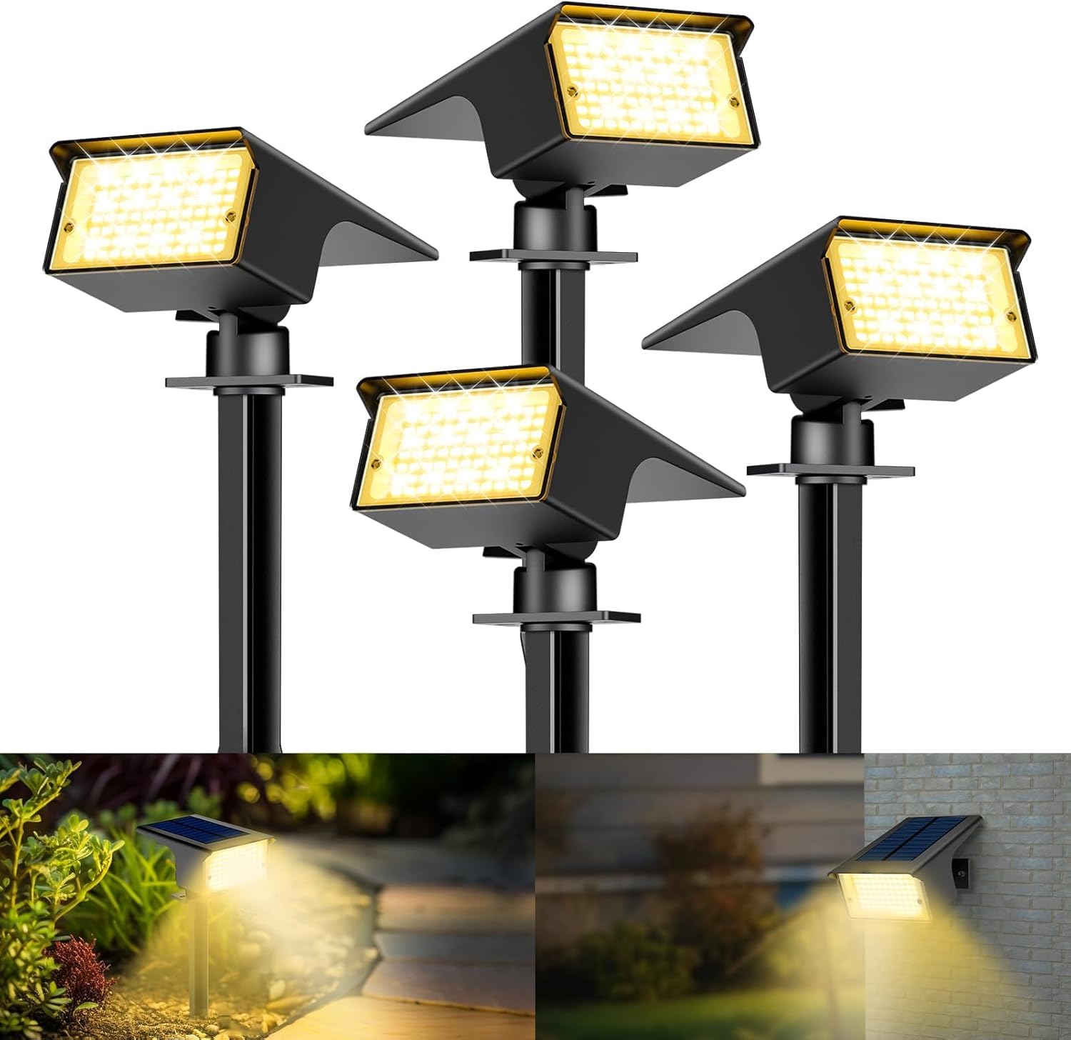 Lot de 4 Spot Solaire Exterieur, 77 LED Lampe Solaire Exterieur Jardin Puissante avec 3 Modes d'Éclairage, Lumiere Exterieur IP65 Étanche pour Jardin Allée Chemin, Blanc Chaud Blanc Chaud Lot de 4