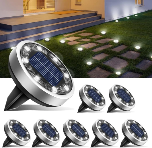 Lot de 8 Lampe Solaire Au Sol, 8 LED Jardin Exterieur Solaire Etanche Lumiere Solaire, Spot Solaire Extérieur pour Chemins Pelouse Terrasse Allée Cour Piscine, Blanc Froid Blanc Froid Lot de 8