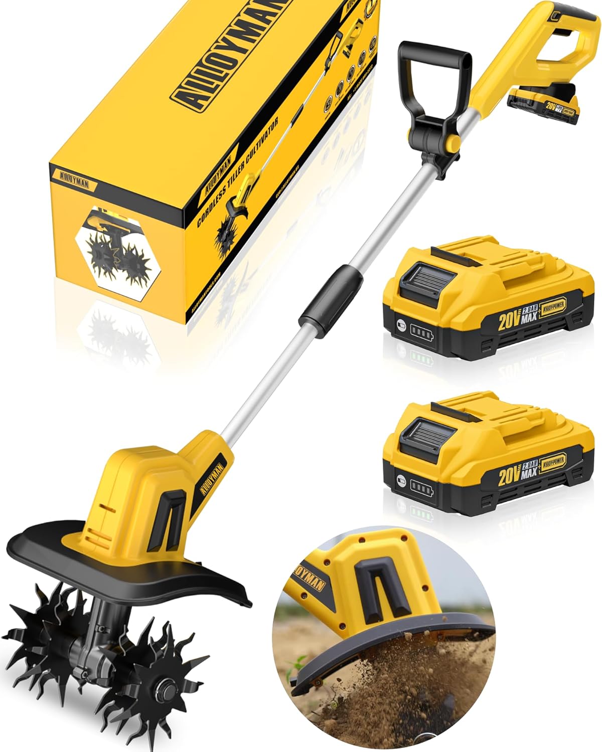 Alloyman Motobineuse sans Fil 20V Max, 360 TR/Min, Motoculteur Électrique avec 2 x 2,0 Ah Batteries et Chargeur, Largeur de Travail 23 cm, Profondeur 17 cm, pour Pelouse/Jardin/Travaux du Sol Y-01