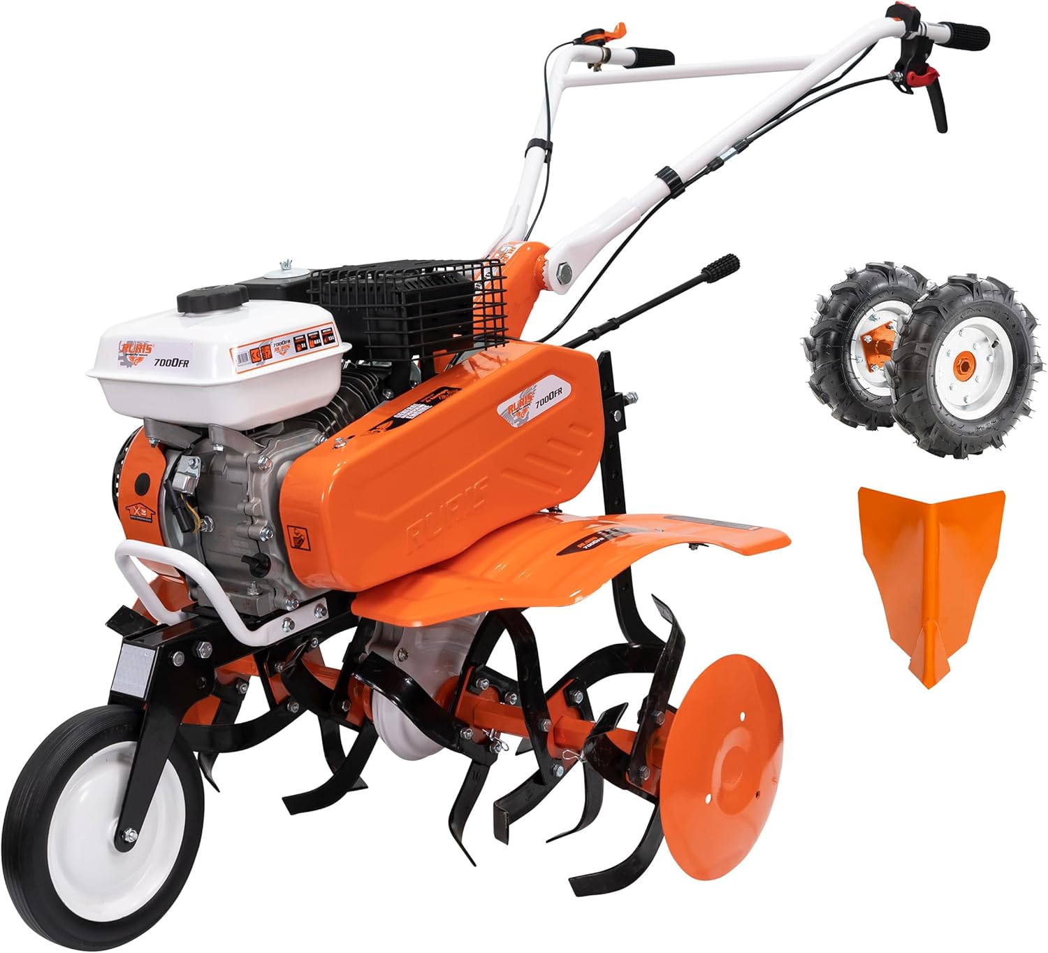 Motobineuse 7000fr, 7 CV, 24 Fraises, Largeur de Travaille 560-830mm, guidons Ajustable + Butteur + Lot Contrepoids 10kg, Orange