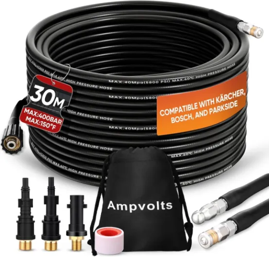 Ampvolts 30M Déboucheur Canalisation Haute Pression - 400 Bar/5800 PSI, Compatible avec Nettoyeurs Haute Pression karcher K2-K7, Lavor, Bosch - Pour un Nettoyage Facile des Tuyaux et Éviers Obstrués 30 Meter
