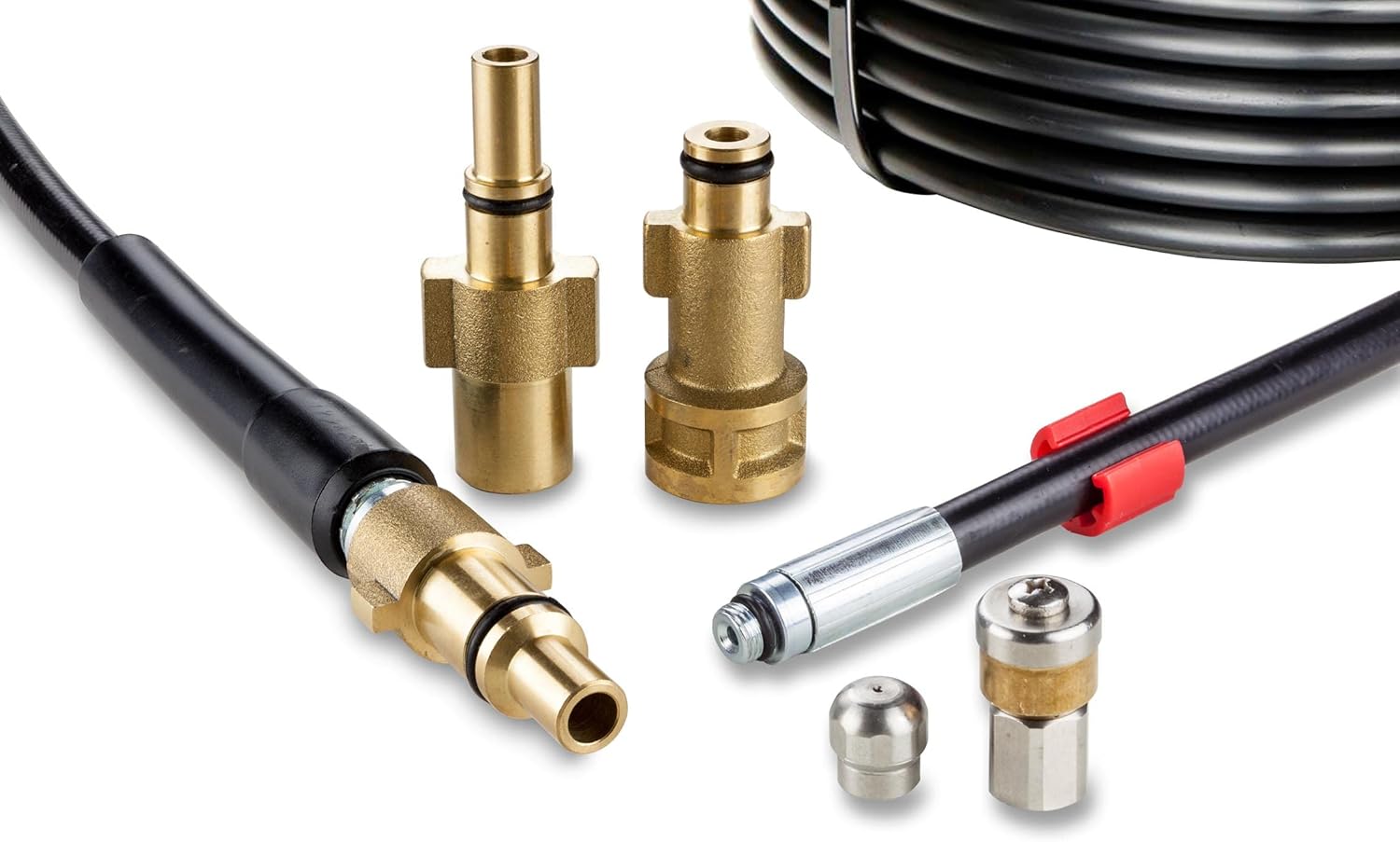 Tuyau Déboucheur Canalisation pour Nettoyeur Haute Pression 15m, 200 bar - Kit Furet compatible Bosch, Black+Decker, Nilfisk, Makita - avec Buse Fixe, Buse Rotative KNOFER