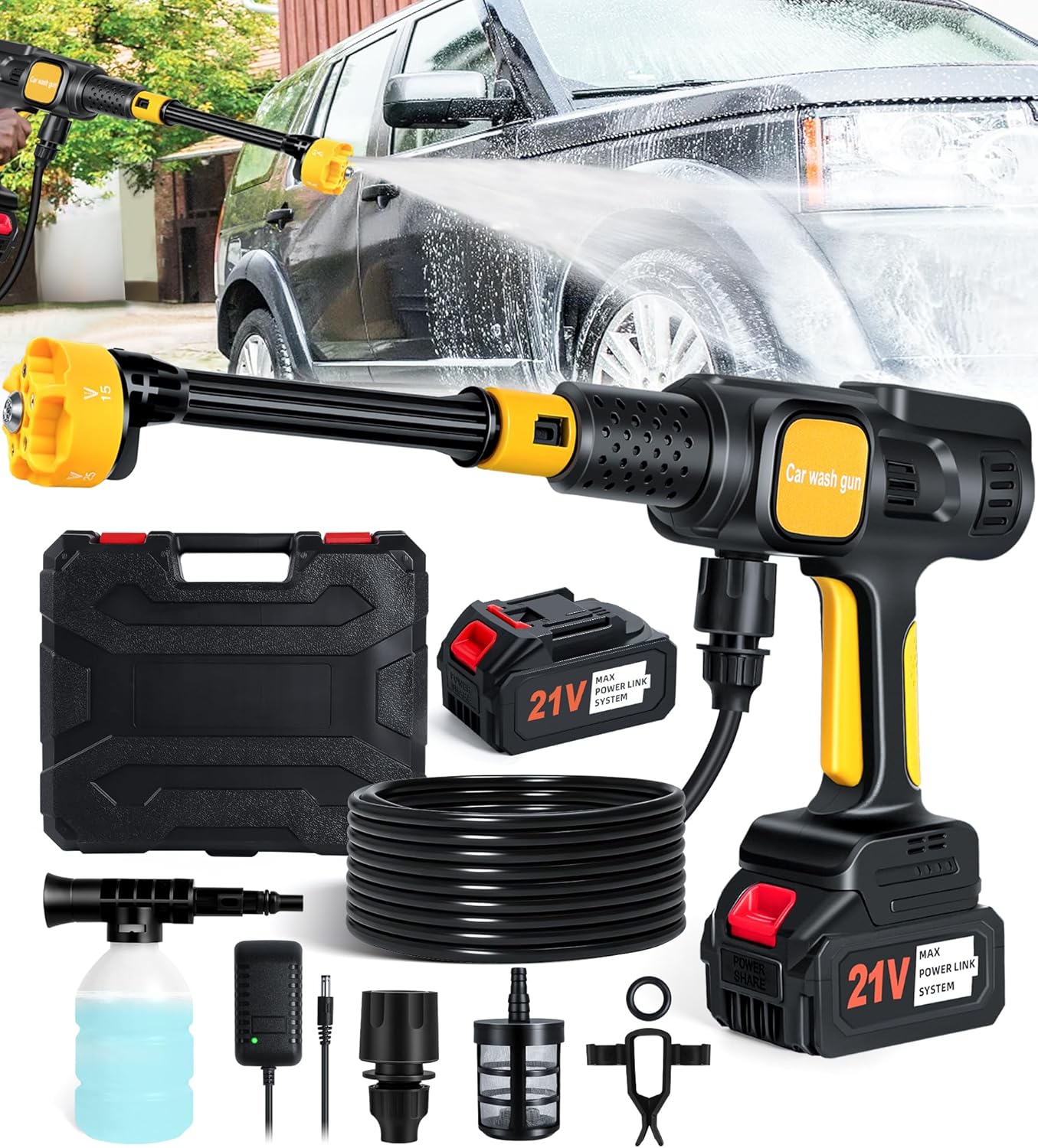 Nettoyeur Haute Pression sans Fil, 68Bar Pistolet Haute Pression avec Buse Réglable 6 en 1, 8000mAh Nettoyeur Haute Pression Batterie, Hydrojet Nettoyeur Hautes Pressions Portable pour Voiture