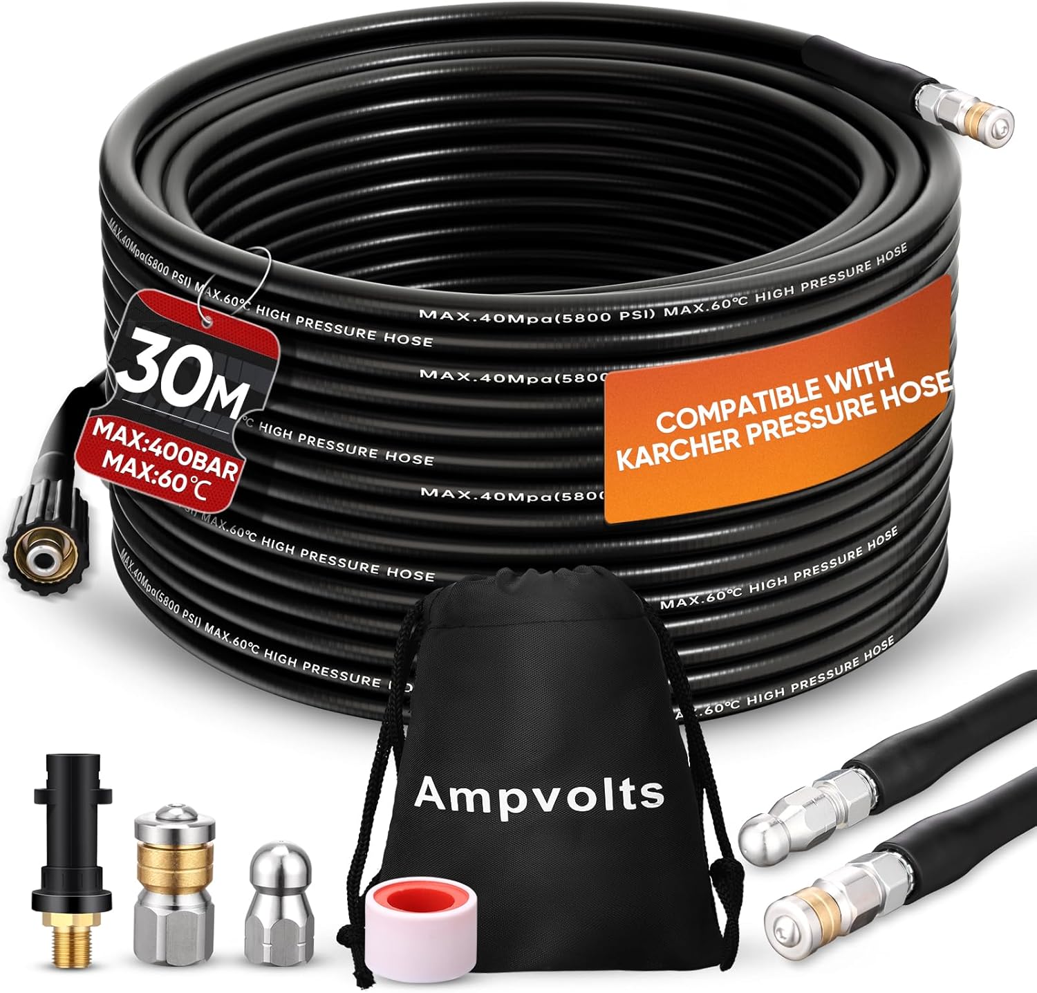 Ampvolts 30M Déboucheur Canalisation Haute Pression - 400 Bar/5800 PSI, Compatible avec Nettoyeurs Haute Pression karcher K2 K3 K4 K5 K6 K7 - Pour un Nettoyage Facile des Tuyaux et Éviers Obstrués 30 Meter