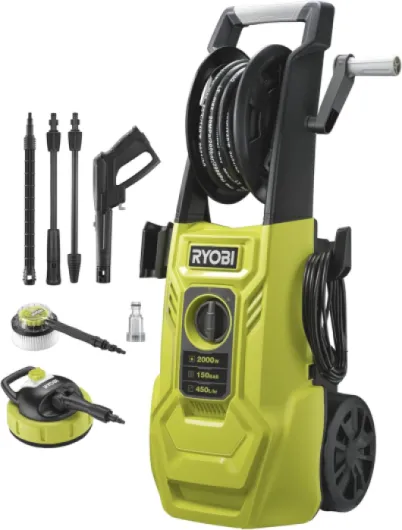 Nettoyeur Haute Pression 2000 W - 150 Bars - 450 L - Flexible 8 m - Enrouleur - réservoir détergent intégré - Lance Vario & Turbo - Brosse rotative - RY150PWA 150 bars - RY150PWA