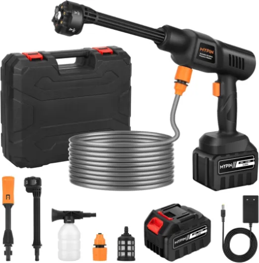 Nettoyeur Haute Pression sans Fil, MYPIN Nettoyeur Haute Pression sur Batterie, 600 PSI, 21V, Batterie Rechargeable, 6 Buses, pour Voiture, Sol, Mur, clôture 1 Batterie, 600 PSI