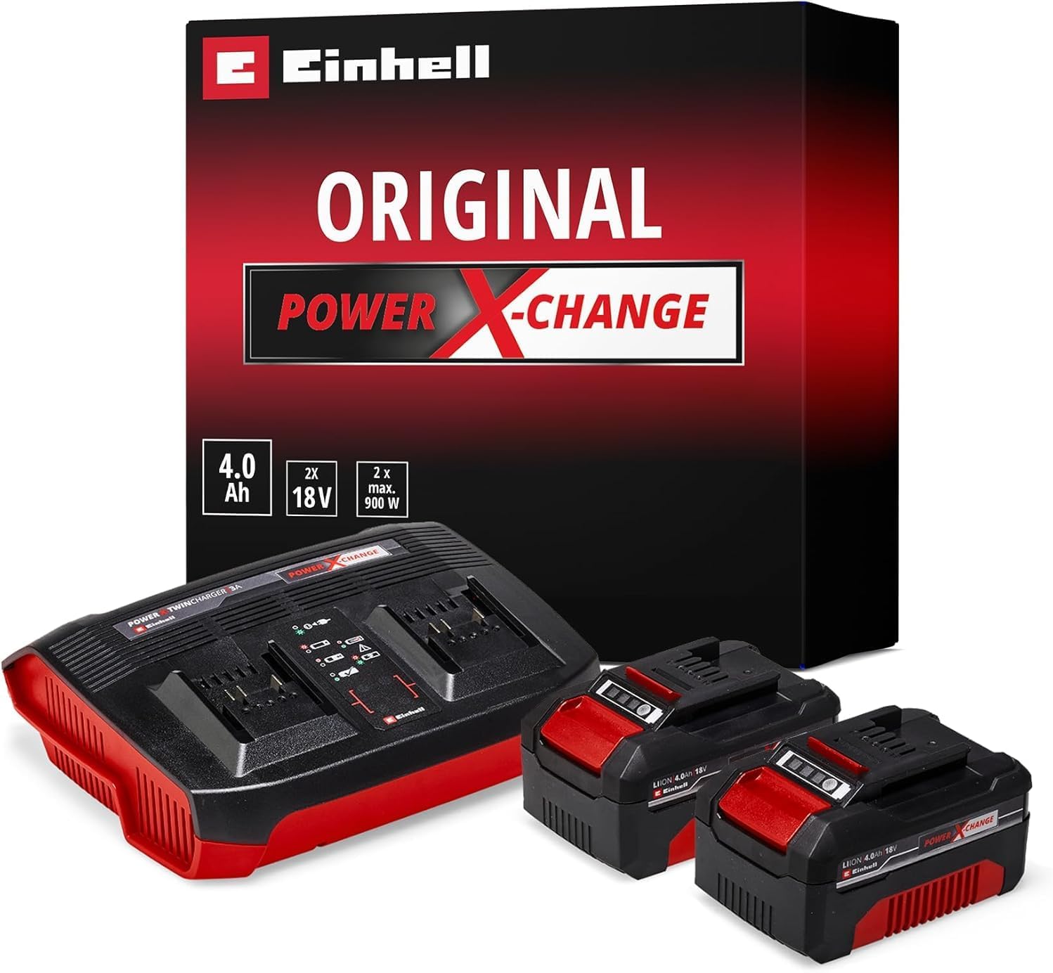 Starter Kit 2 x 4,0 Ah + Double Chargeur Power X-Change (Lithium-Ion, 18V, 1 chargeur + 2 batteries 4,0 Ah, pour tous les appareils Einhell Power X-Change) 4,0 Ah (2 batteries + 1 double chargeur) Sans support mural