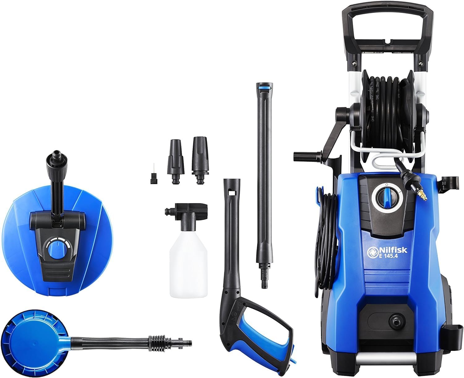 E 145.4 Nettoyeur Haute Pression + Nettoyeur de Sols et Murs + Brosse Rotative - Nettoyeur pour Le Jardin, Terrase, Vitres et Voiture (2100 W), Bleu E145.4 + Mid Patio + Brosse