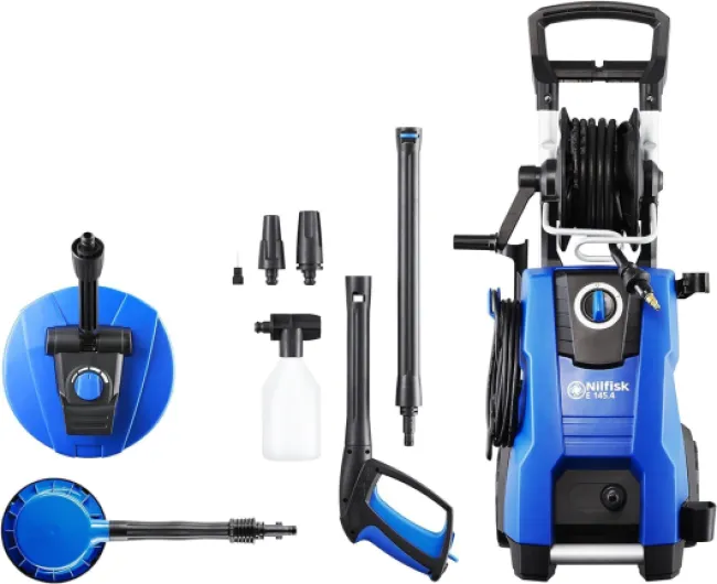 E 145.4 Nettoyeur Haute Pression + Nettoyeur de Sols et Murs + Brosse Rotative - Nettoyeur pour Le Jardin, Terrase, Vitres et Voiture (2100 W), Bleu E145.4 + Mid Patio + Brosse