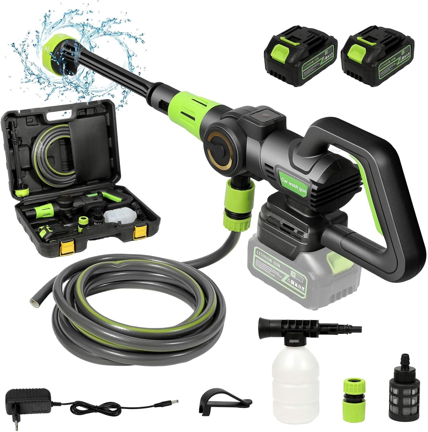 Nettoyeur Haute Pression à Batterie, Max 120 Bar, Pulvérisateur de Mousse, 6-en-1 Multi-Usage Buse, Conduite d'eau de 5M, pour Le Nettoyage de la Voiture et de la Maison (2 Piles)