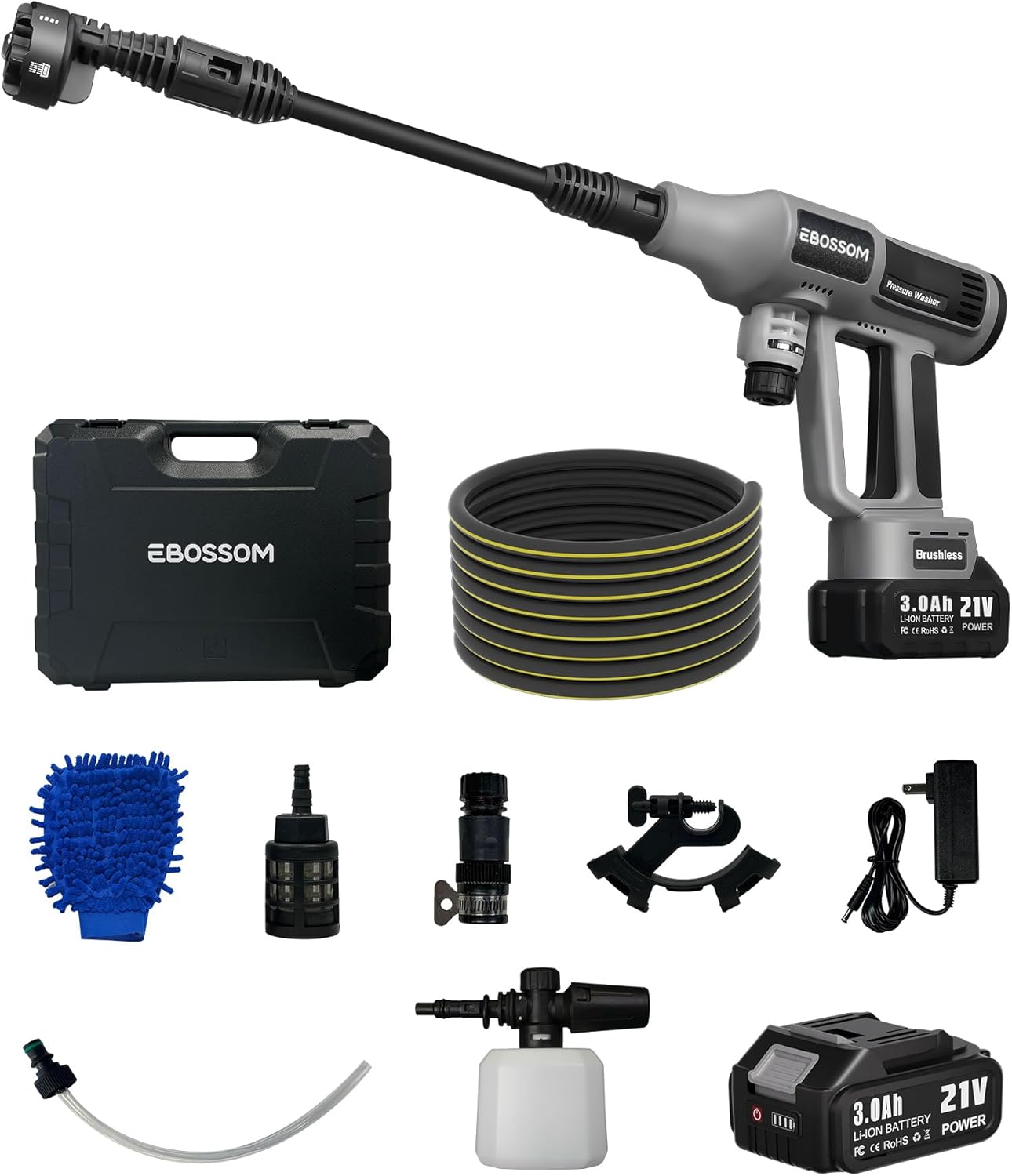 Nettoyeur Haute Pression à Batterie,Buse Multifonctionnelle 6-en-1,Laveur à Pression Mobile pour Voiture et Extérieur,Nettoyage Mobile,Pistolet Haute Pression,Pressure Washer(2X 3Ah Batteries)