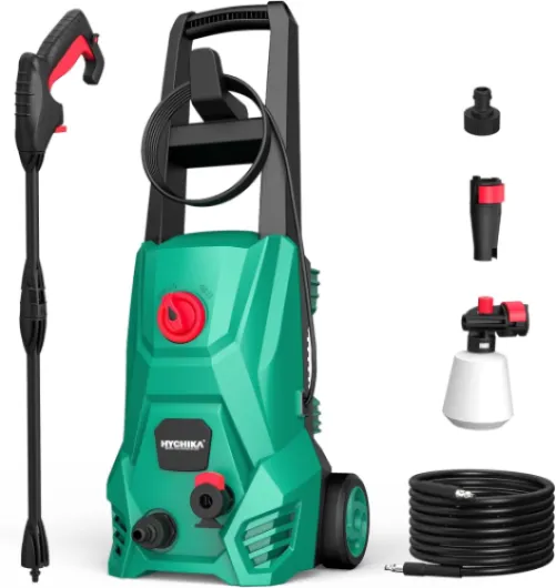 HYCHIKA Nettoyeur Haute Pression, 110 Bar Max - 410 l/h Débit 1500W Lave-auto Portable avec Réservoir Mousse, Tuyau 5m Câble 5m, Nettoyeurs Haute-pression Idéal pour Voitures Clôtures Patios