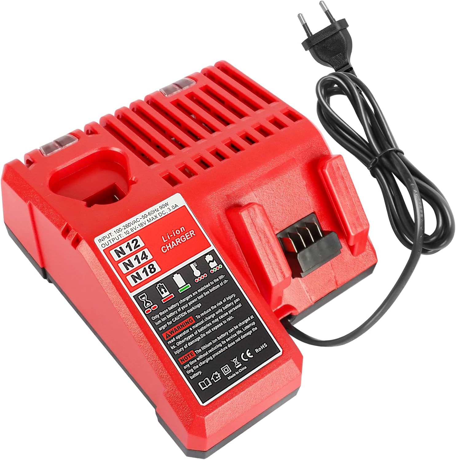 Chargeur Rapide 3A M12 & M18, Compatible avec Batteries Li-ION Milwaukee 12V–18V 3Ah 4Ah 5Ah 6Ah, avec indicateur LED et Protection Multiple