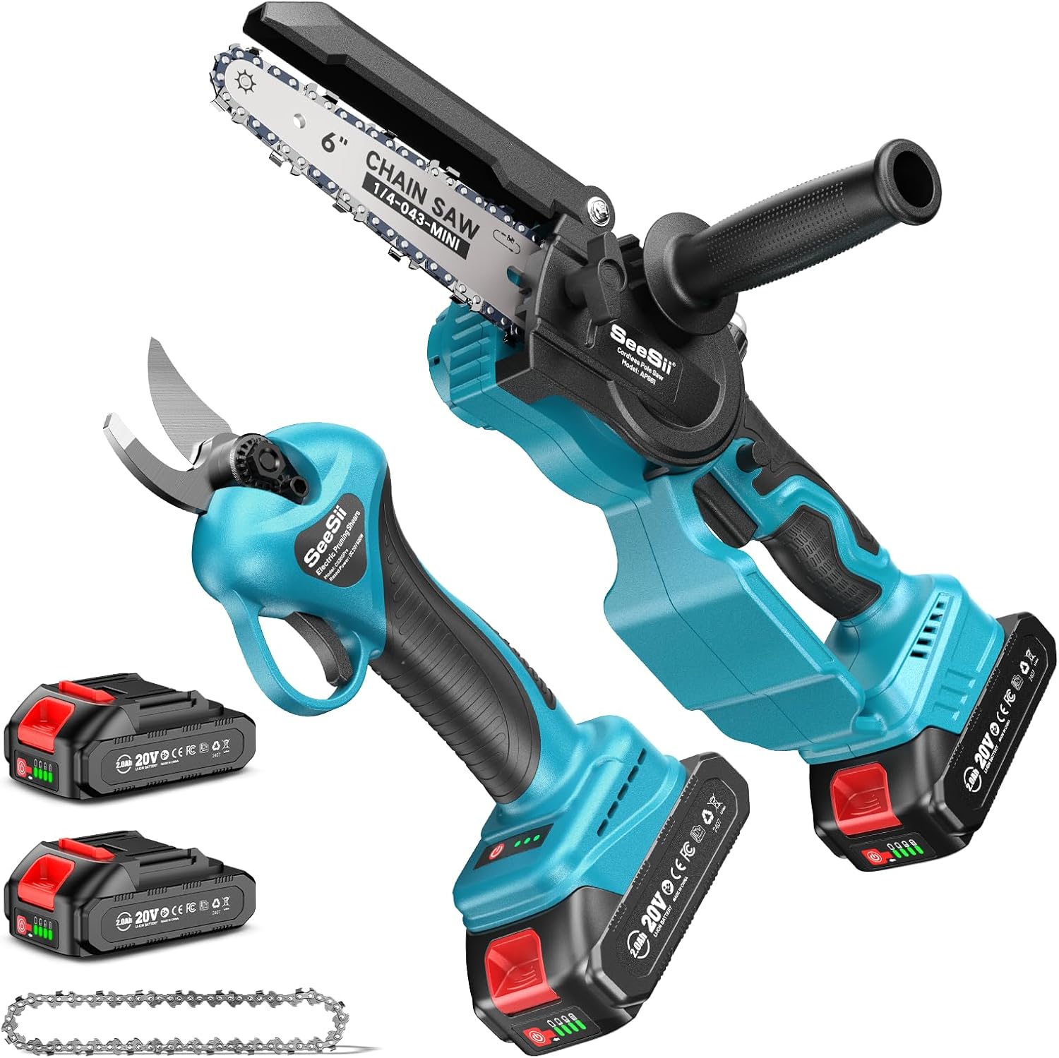 6 Pouces Mini Tronçonneuse & 33 mm Sécateur Électrique Sans Fil, 2-en-1 Kit Outil de Jardin avec 2 × 2000 mAh Batteries, Moteur Brushless, Idéal pour Coupe de Troncs et Branches 2-IN-1