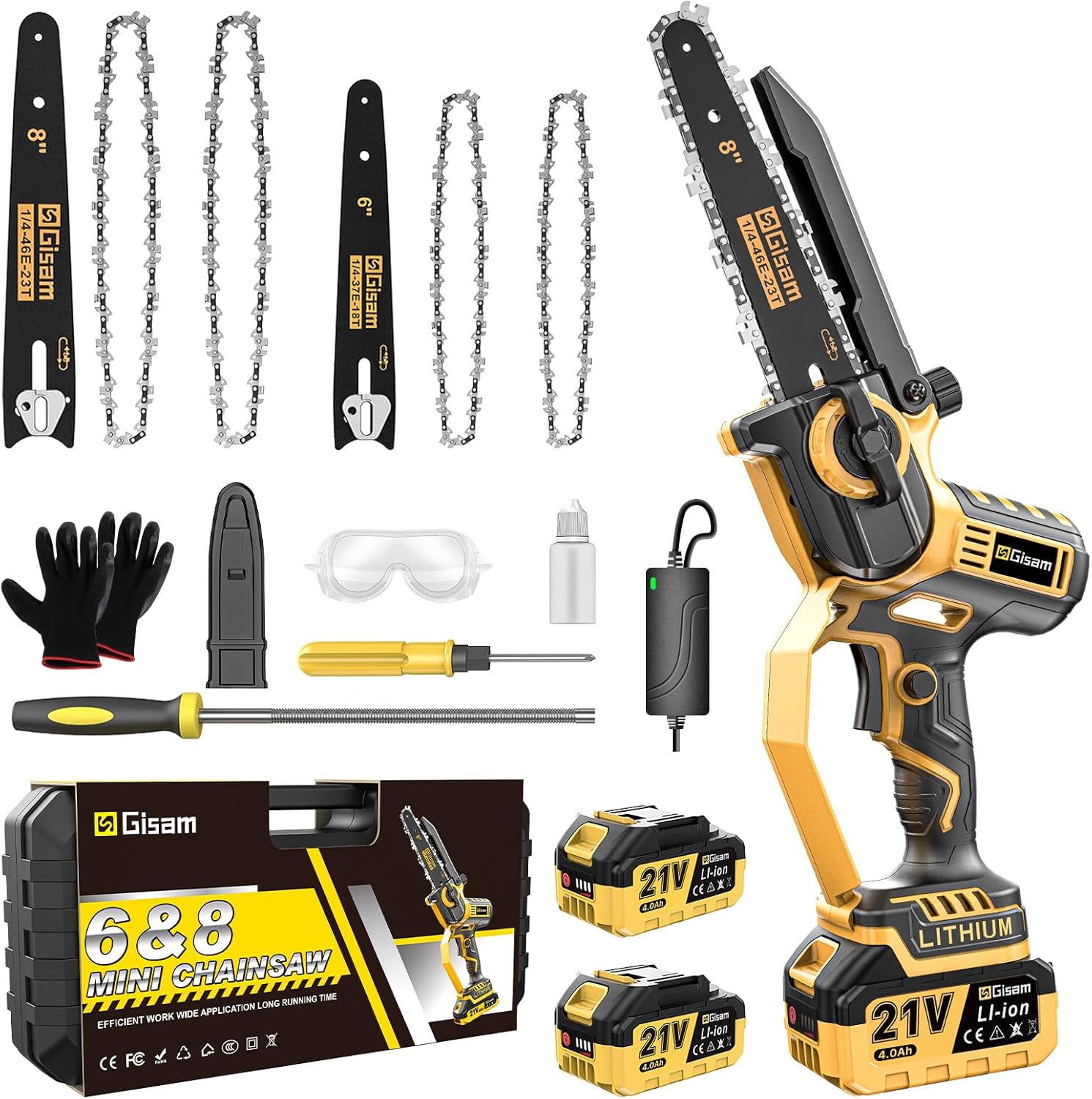 Mini Tronçonneuse à Batterie 8000mAh,6 et 8 Pouces Tronçonneuse Électrique avec 900W Moteur Sans Balais,Automatique et Tension de Chaîne,Pour le Jardin,Les Branches et le Bois 2 * 4000 mAh