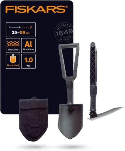 Pelle pliable pour camping et alpinisme, 2 en 1 : pelle ou pioche, Housse en tissu incluse, Longueur : 59 cm, Acier au bore trempé, Noir, 1000621