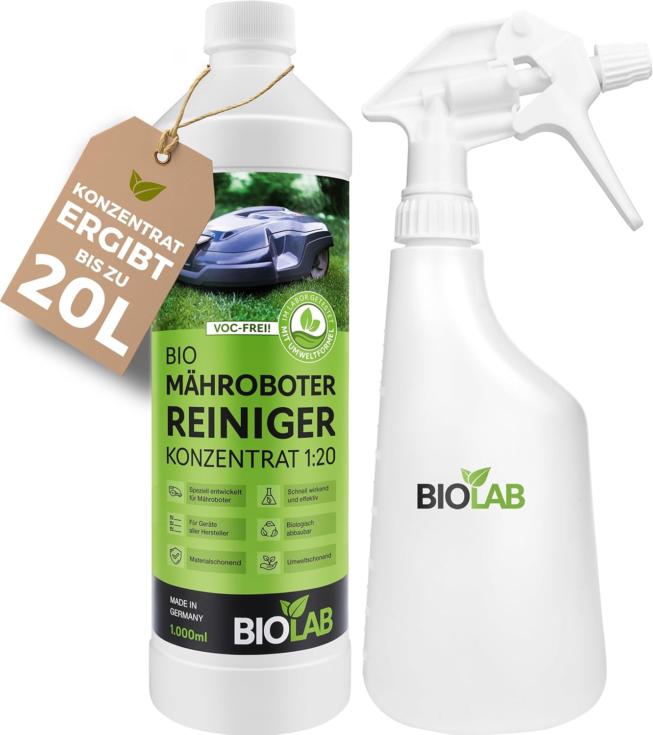 BIOLAB Kit de nettoyage bio pour robot tondeuse, concentré 1:20 (1000 ml + flacon pulvérisateur) pour robot de nettoyage de tondeuse, convient pour Gardena, Husquarna, Bosch, Einhell, Worx .. - 500 ml (Lot de 2)