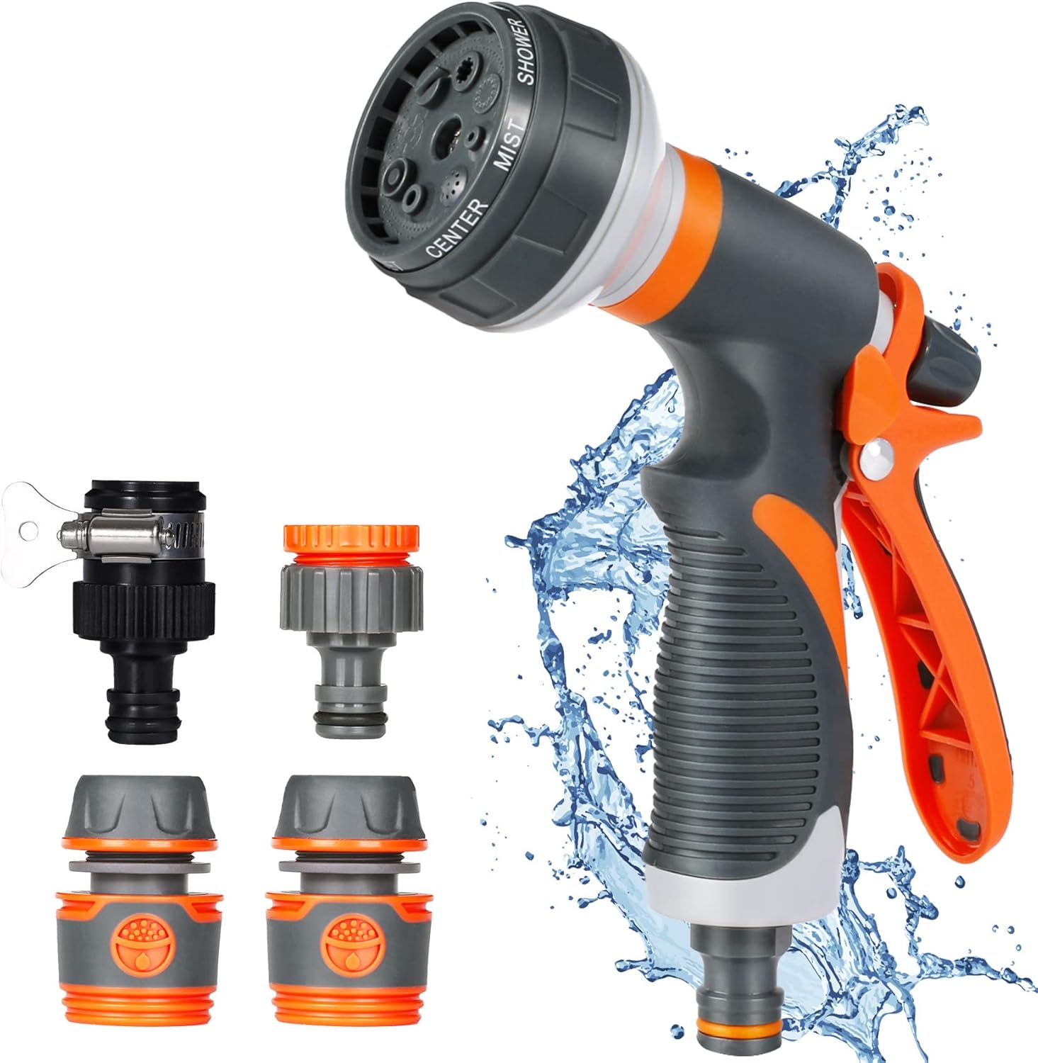 Pistolet d'arrosage, Pulvérisateur de Jardin, 8 Modes d'Arrosage Pistolet Arrosoir avec 4 Interface pour le Lavage des Voitures, les Jardins, les Plantes, les Animaux domestiques Orange