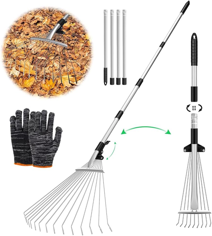 Râteau à Feuilles réglable avec Manche de 215 cm, râteau à Feuilles en métal avec Gants, râteau de Jardin, râteau à Feuilles, râteau pour Nettoyer Les Plantes, la pelouse et la Cour Argenté/A