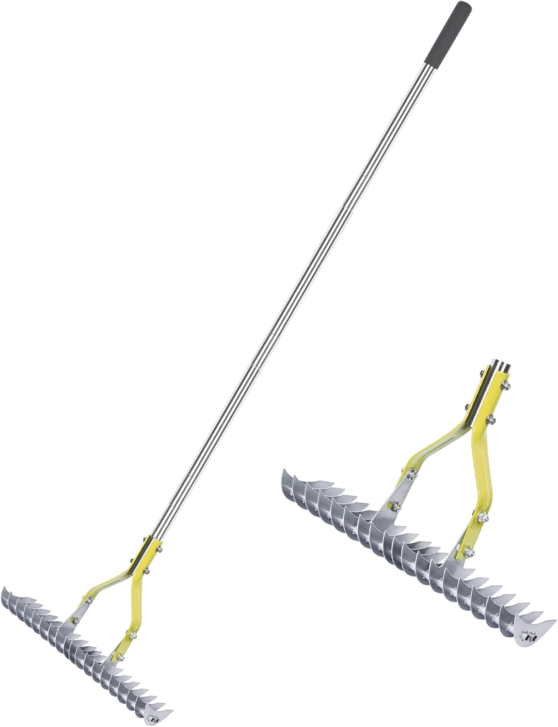 BARAYSTUS Râteau à paille, râteau à gazon avec longue poignée réglable de 148 cm Pince à feuilles de jardin robuste en acier au carbone, peigne à gazon polyvalent pour désherber, fertiliser Lawn