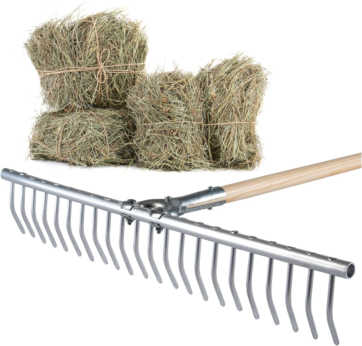 Râteau à Foin avec Manche en Bois Long pour Une Récolte Efficace et Confortable, Râteau à Feuilles de Jardin, Outil de Jardinage (Aluminium)