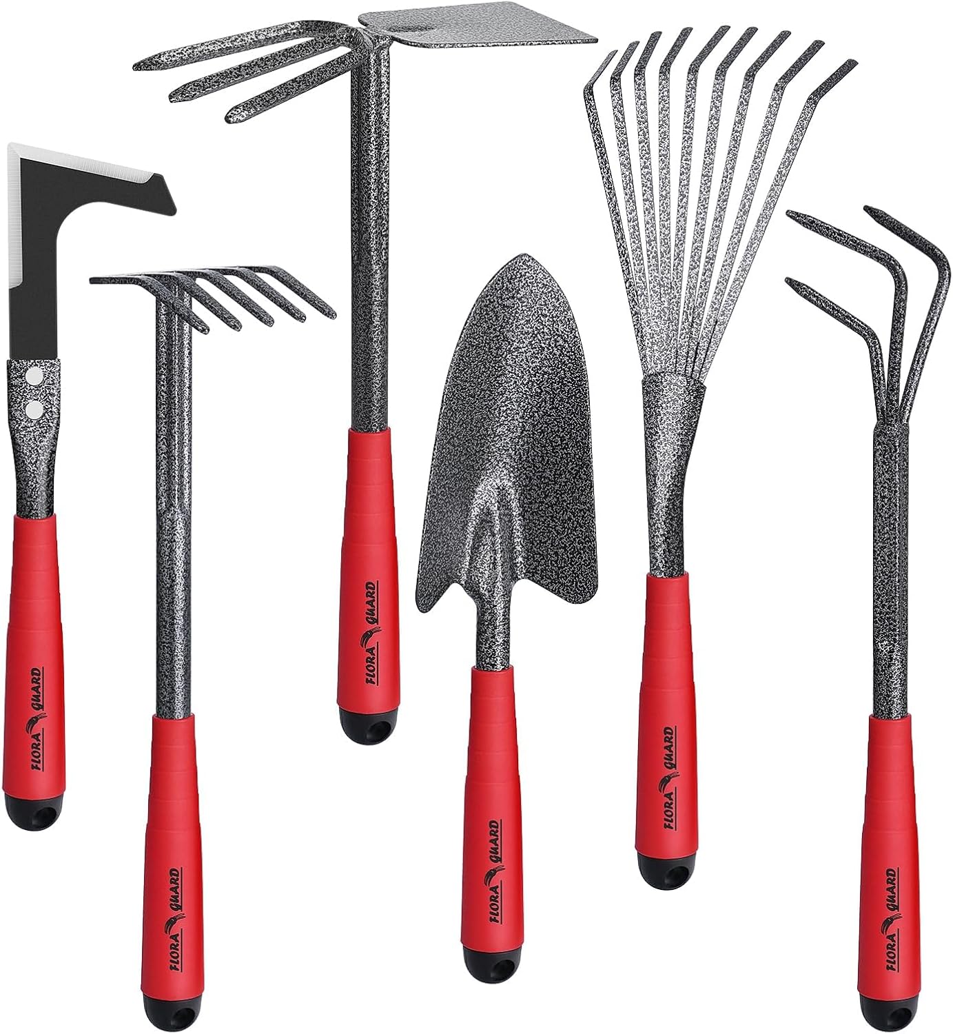 Outils de Jardinage 6 Pièces, Kit d'outils de Jardin en Acier Inoxydable avec Houe 2-en-1, Treulle, Râteaux, Couteau Désherbeur, Finition Martelée, pour Taille et Entretien ROUGE