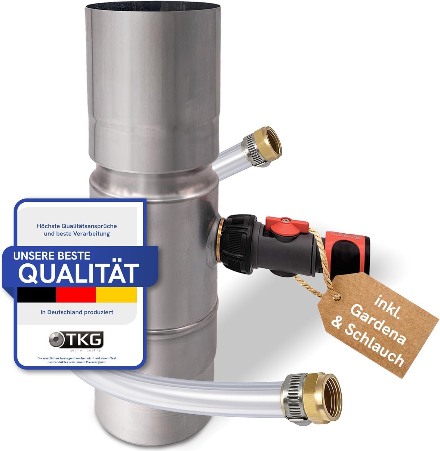 Collecteur d'eau de pluie pour tuyaux de descente 100 mm - En zinc - Pour tuyau de descente DN100 - Avec tuyau et raccord d'eau - Voleur de pluie pour citerne - Résistant aux intempéries et durable